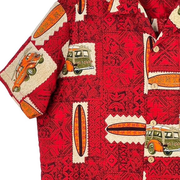 Vintage Roundy Bays Surf Hawaiian Shirt Size M Woody Print Red Beach - Picture 6 of 11